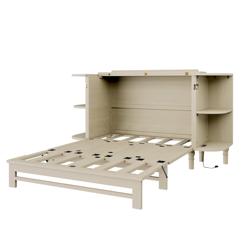 Armoire-lit en bois de pin massif avec station de charge et 2 tablettes ouvertes, Double, Crème Ceylan