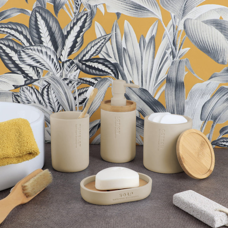 Stylish Matte Beige Soap Dispenser with Natural Bamboo Top - Polyresin Hand Lotion Pump, Beige