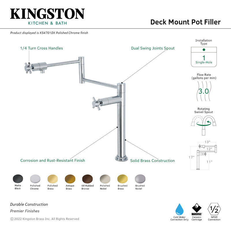 Kingston Brass Concord Two-Handle 1-Hole Deck Mount Pot Filler Faucet, Cross Handle, Brushed Brass