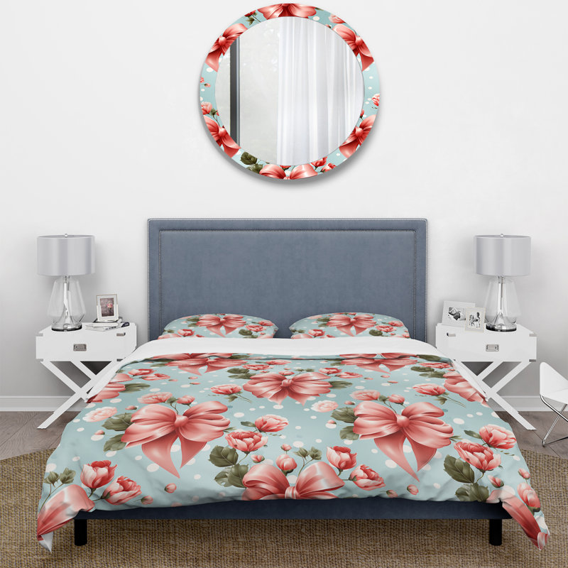 Romantic Reverie Polka Dots Pattern Floral Duvet Cover, King Duvet Cover + 2 King Shams