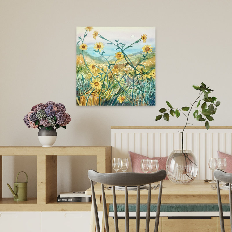 Fleurs ensoleillées, vue sur l'océan, H 18 po x l 18 po