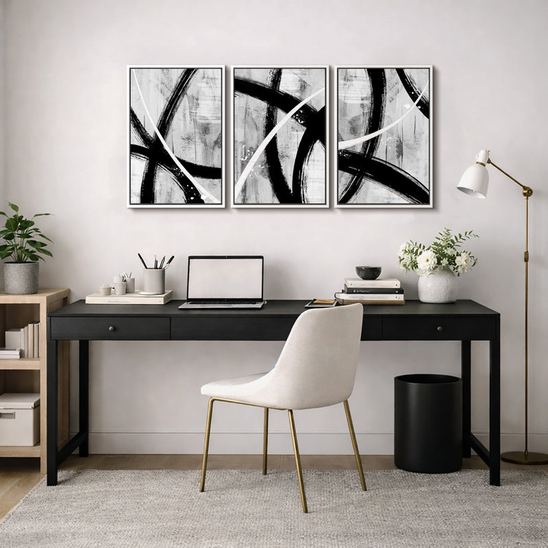 BAW "Black Grey White Geometric Paint Stroke, H 36 po x l 72 po x P 1,5 po, Blanc