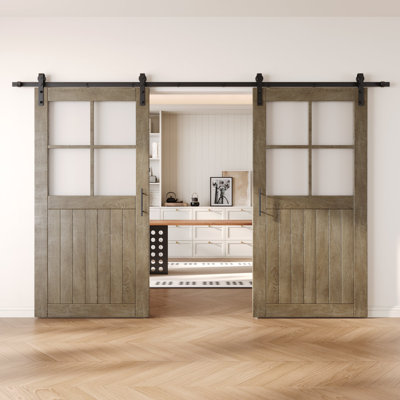 Portes de grange en verre givré non assemblées et finies avec ensemble de quincaillerie d'installation sans dérivation de 32 po x 80 po Homacer Classic Grey