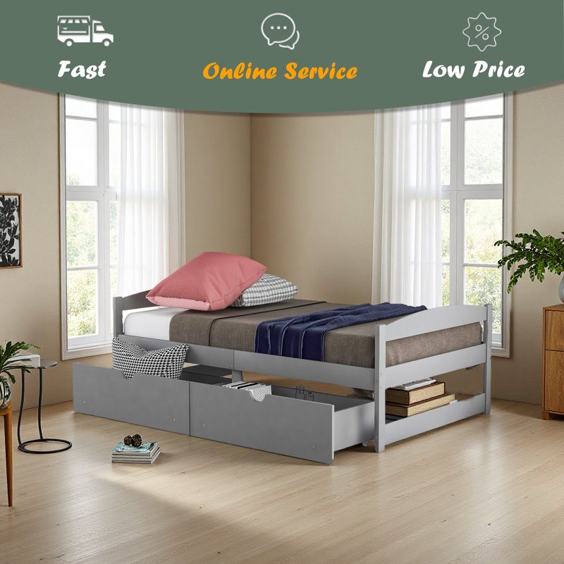 Lit plateforme simple avec deux tiroirs, Gris