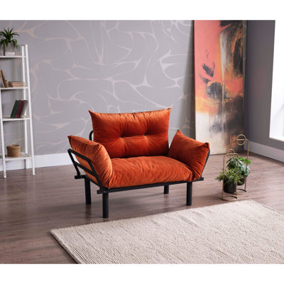 Causeuse orange, forme en métal, profondeur 49 po, largeur 24 po, hauteur 35 po, poids de 30 lb, produit 49 po. 24 35