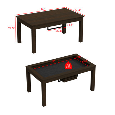 63-Inch Convertible Board Game Table for 4–6 Players, 3-in-1 Gaming, Dining & Work Table with 4-Piece Removable Top, Recessed Felt Play Area, Walnut Finish