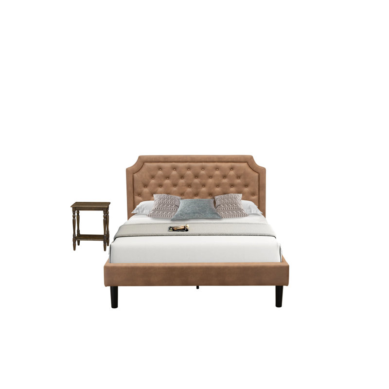 2-Piece Granbury Queen Bedroom Set with Button Tufted Modern Bed and 1 Distressed Jacobean Mid Century Nightstand - Brown faux Leather with Brown Texture and Black Legs
