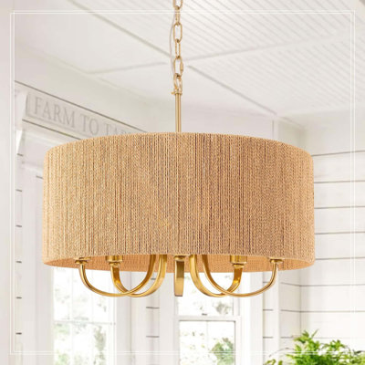 Lustre 22 po en rotin doré de style campagnard, grand luminaire suspendu 5 lumières avec abat-jour en rotin, lustres rustiques dorés pour salle à manger, salon