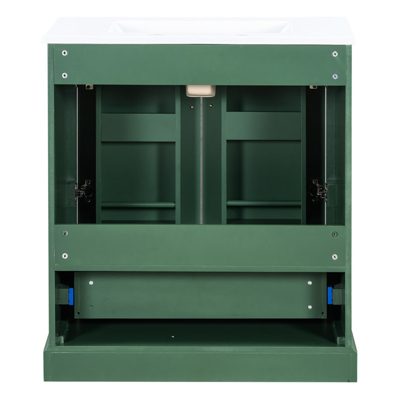 Meuble-lavabo moderne de 30 po avec lavabo en céramique facile, structure en bois massif, 1 tiroir séparateur, 2 portes à fermeture en douceur, double tablette, autoportant, rangement pratique et tablette sur porte, conception intelligente