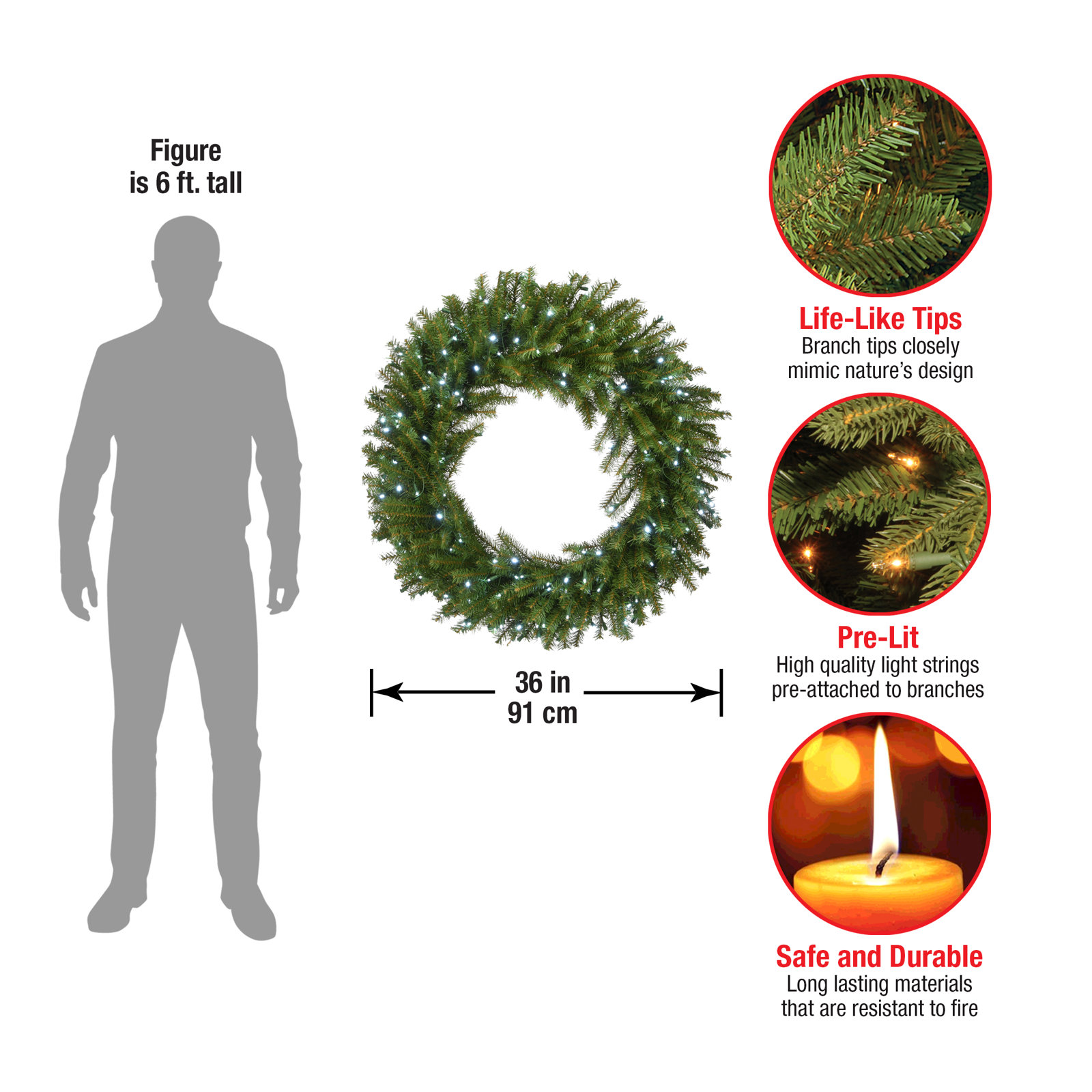 Fir Pre-Lit Wreath, 4" H x 36" W x 36" D