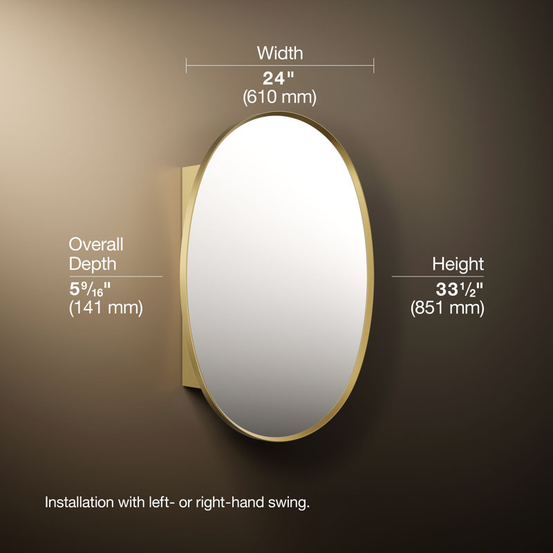 Verdera 24 in x 34 in Oval Framed Medicine Cabinet, Surface Mount or Recessed, Brushed Gold
