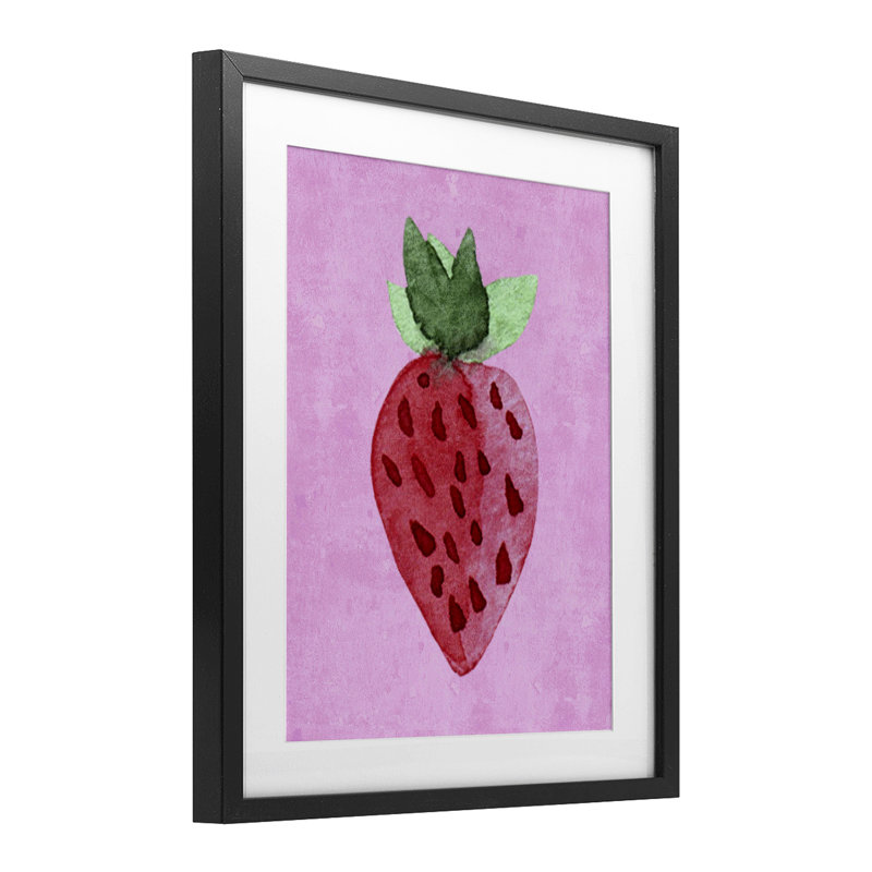 «Bright Speckled Strawberry», reproduction sous verre encadrée, design par Camila Juncos, Cadre noir minuit