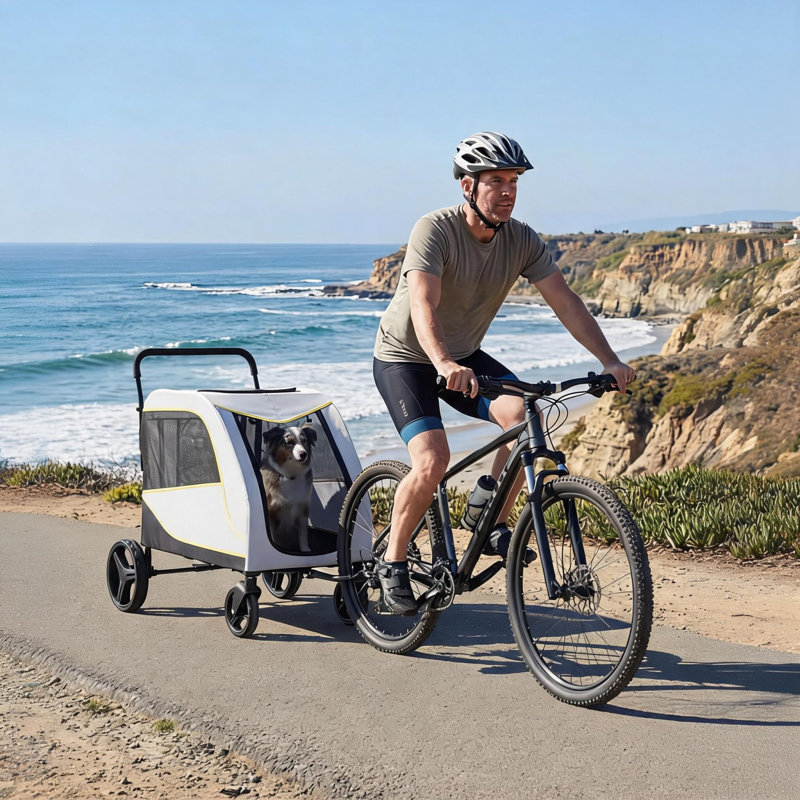 Grande poussette pour chien jusqu'à 176 lb avec roues tout-terrain à 360 °, poussette pliable pour animal de compagnie avec housse de protection contre les intempéries, filet d'air, frein à pied et panier de rangement, blanc