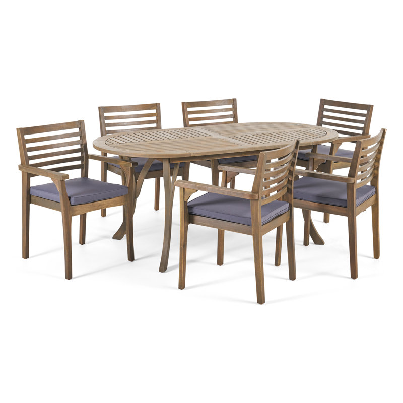 Tinnin 6-Person Acacia Wood Oval Outdoor Dining Set with Cushions , Gray