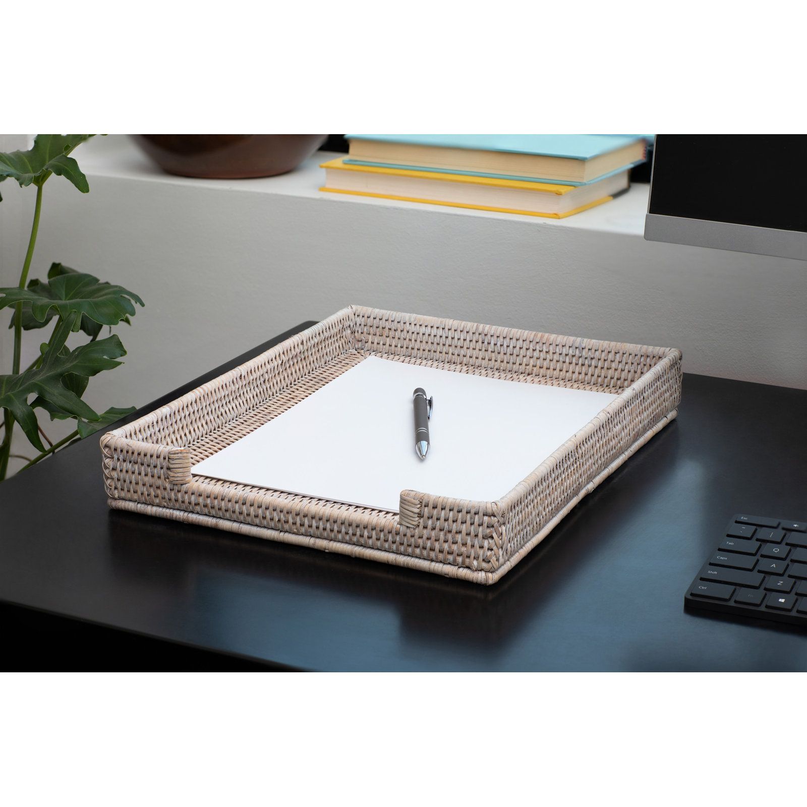 Aisha Rattan Decorative Tray, White Wash