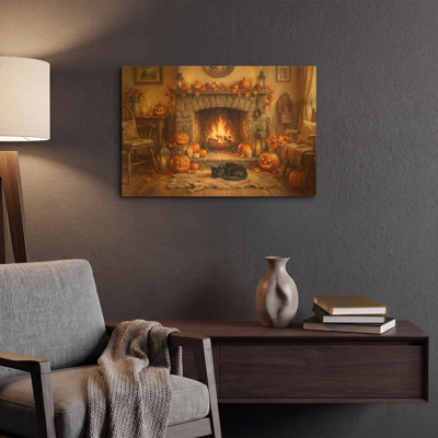 «Halloween Pumpkin Fireplace» par Veve, art mural en métal doré, 16 po x 12 po