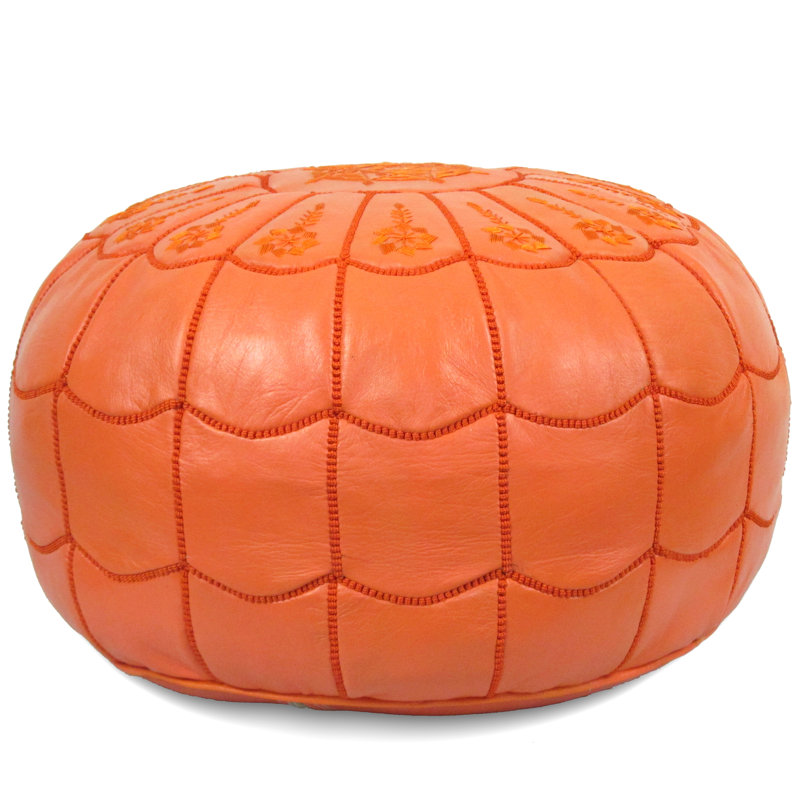 Leather Pouf, Orange Genuine Leather