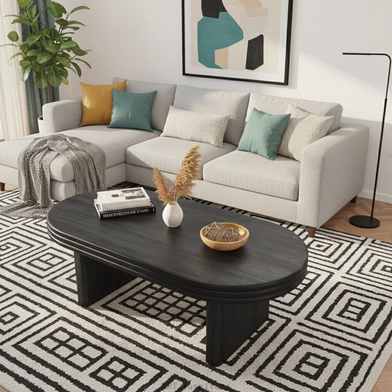Mid Century Modern Oval Fluted Coffee Table, Farmhouse Style, Black, Black