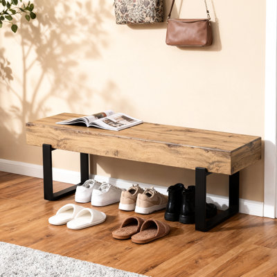 Banc en bois de 59 pouces aux tons naturels, idéal pour la chambre à coucher, la cuisine, le rangement des chaussures de l'entrée, le dessus, les pieds en métal, les conseils d'assemblage sans effort