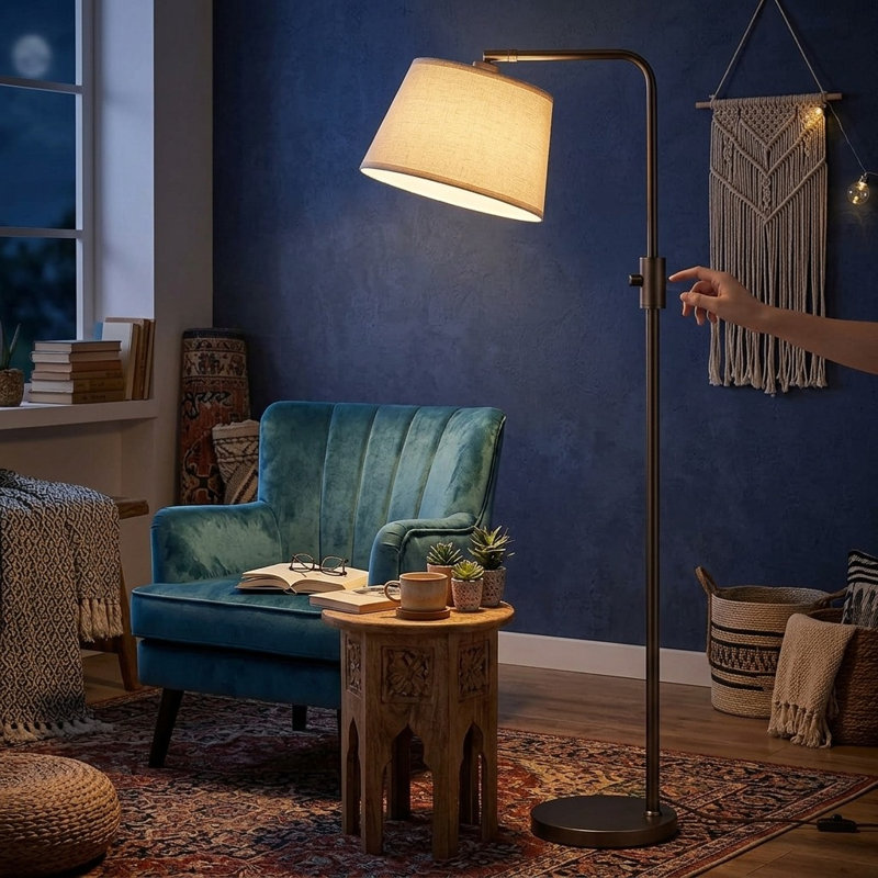 Lampe sur pied à arc à intensité variable avec abat-jour en lin et ampoule à DEL Edison, Brun, Beige