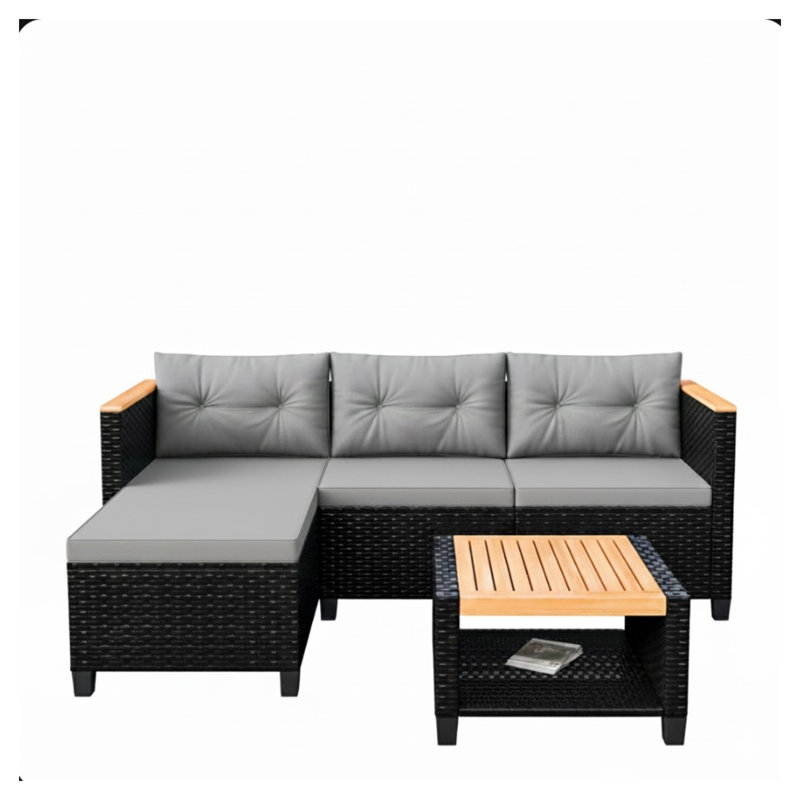 Ensemble modulaire de patio en osier 3 pièces avec méridienne, canapé 2 places et coussins gris