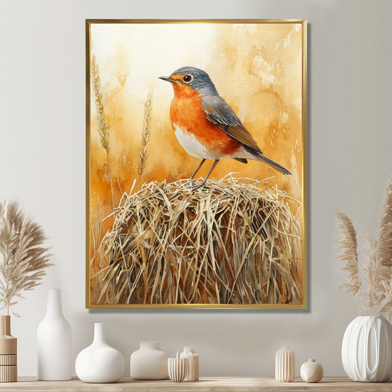 «Juilliard Robin Bird On The Hay Bale II», art mural sur toile, H 40 po x l 30 po, Impression encadrée flottante, Doré