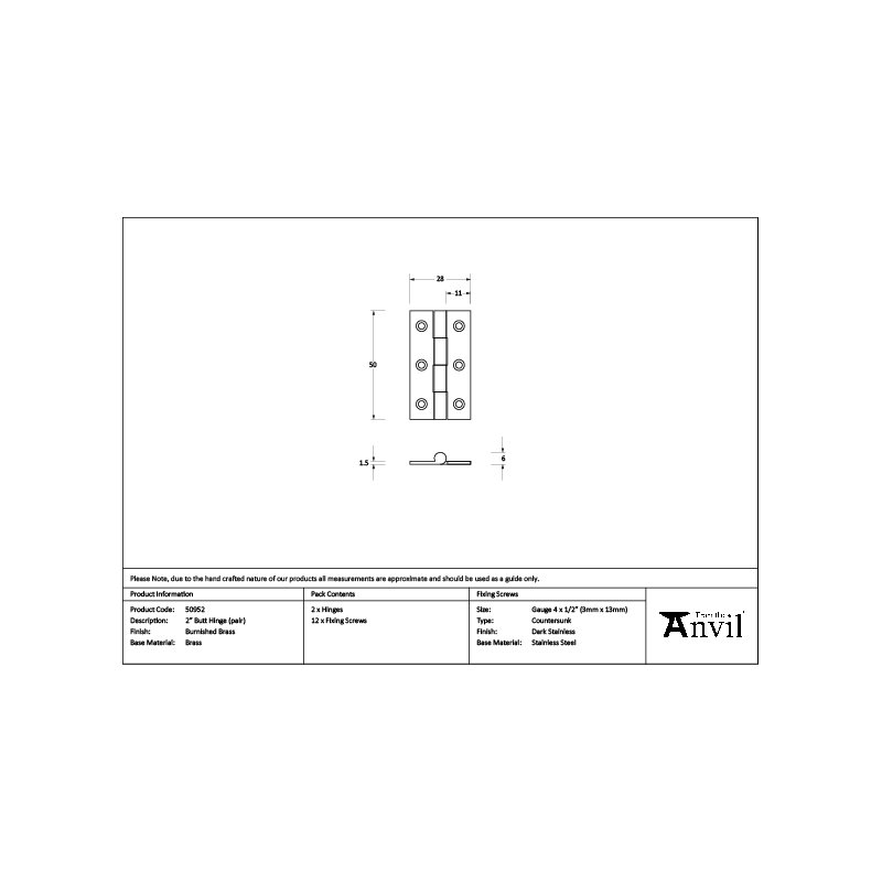 Butt Hinge, 5cm H x 2.8cm W, Burnished Brass