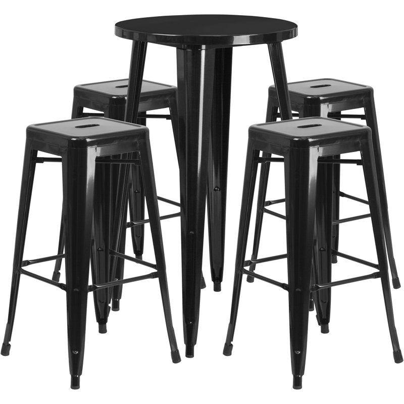 Colbert 30'' Round Metal Indoor-Outdoor Bar Table Set with 4 Square Seat Backless Stools, Black, 41" H x 30" W x 30" L