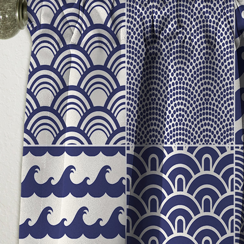 Coastal Curtain Panel, Japanese Wave Pattern Blackout Decor - Japanese Ocean Wave Pattern, 52" W x 63" L