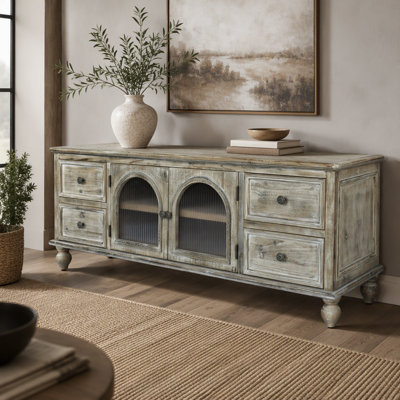 Meuble télé 60 po avec 4 tiroirs et 2 portes en verre, console multimédia en bois rustique, meuble télé patiné