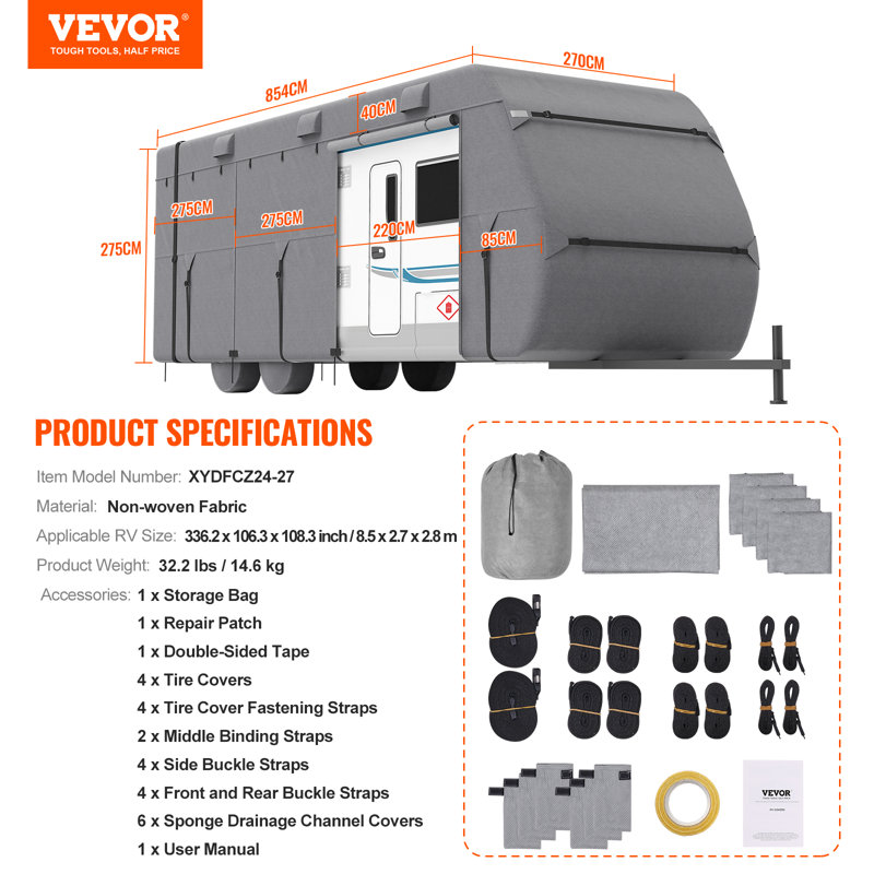 Trailer Travel RV Cover Class A Camper Cover Non-Woven Fabric, 9.03' H x 28.02' W x  8.86' D