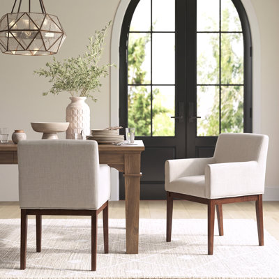 Halston Mid-Century Modern Rubber Wood Upholstered Dining Chair with Arms and Foam-Padded Seat