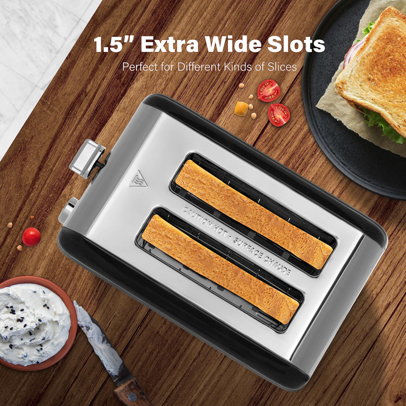 Retro Black Stainless Steel 2-Slice Toaster with Wide Slot and Crumb Tray