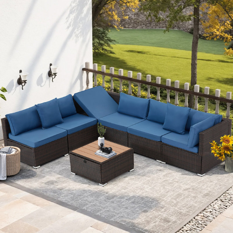 7 Pieces Outdoor Patio Set with WPC Coffee Table, Brown/Blue