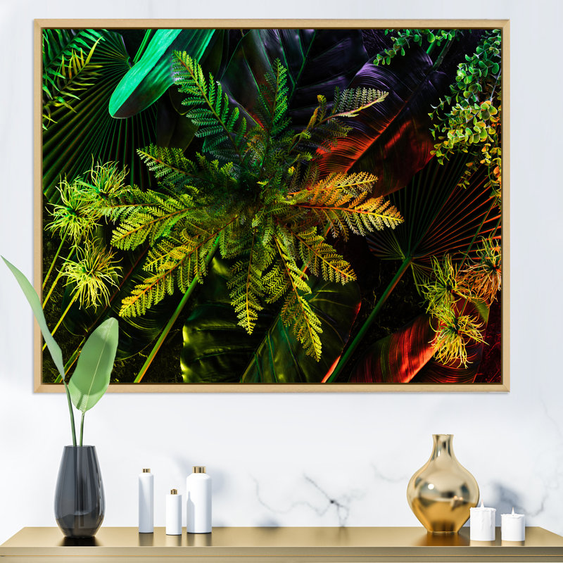 Feuilles tropicales ton sur ton noir - photographie sur toile, H 24 po x l 32 po, Cadre flottant en érable
