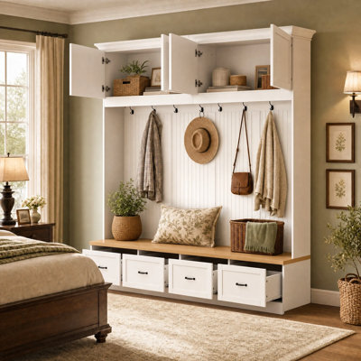 Extra-Large Hall Tree With Bench, 4 Drawers, 2 Cabinets & 7 Hooks | Complete Entryway Organization