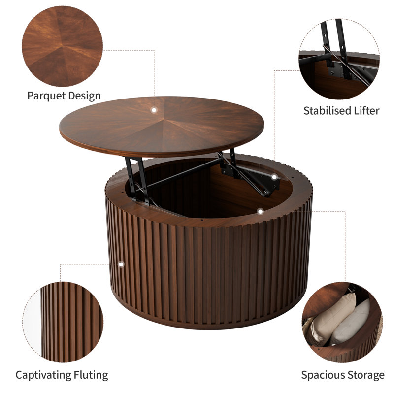Ansel 31.5" Lift Top Coffee Table With Storage, Round Solid Wood Coffee Table, Brown