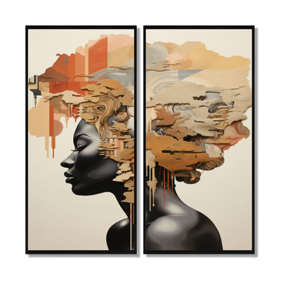 Minimalism African Woman Portrait - Africa Canvas Art, Beige Landscapes Wall Art Set Of 2