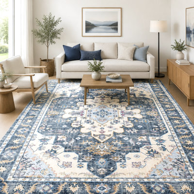 Vintage Persian Area Rug, Blue Floral Indoor Outdoor Carpet, Washable Durable Rug for Living Room, Dining Room, Hallway, Entryway, Farmhouse Decor