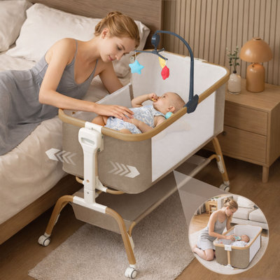 Bedside Sleeper Bassinet, Detachable Portable Baby Bassinet With Rocking Function, 8-level Height Adjustable Newborn Bed, Breathable Mesh, Storage Basket & Rotating Mobile Toy, Khaki