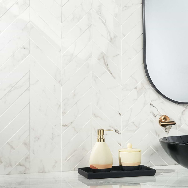 Dreamstone 2X8 Chevron Polished Porcelain Mosaic, Statuario Venato