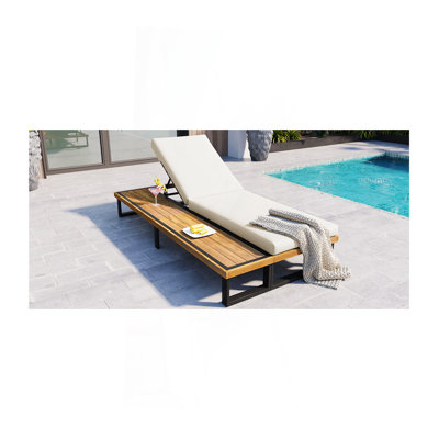 Méridienne d'extérieur avec dossier réglable à 5 positions, inclinable avec coussin, chaise longue avec table d'appoint en bois, structure robuste pour la piscine, le jardin et la cour, beige