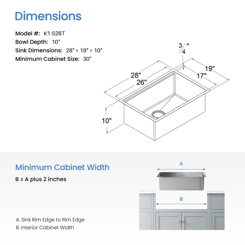 KIBI 19'' W Single Bowl Stainless Steel Undermount Kitchen Sink