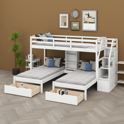 Triple Bunk Bed With Integrated Staircase, Built-In Drawers And Shelves