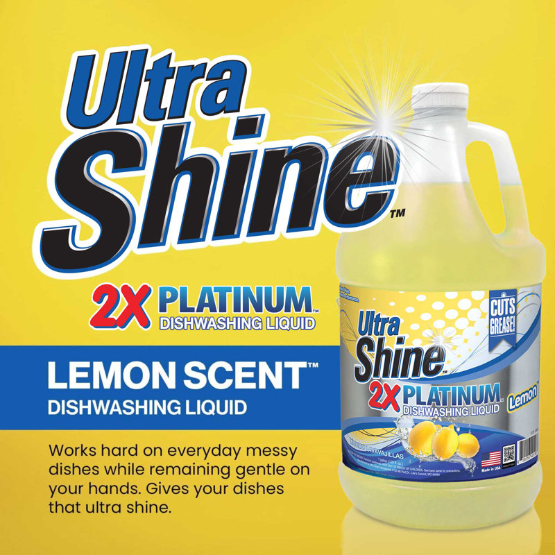 Ultra Shine  4 Pack 2X Platinum Dish Cleaning Liquid, Lemon, 1 Gallon, Yellow