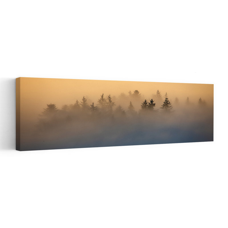 «Misty Golden Forest Dreamy Ethereal Mystical Pine Tree Forest», art mural, H 16 po x l 48 po