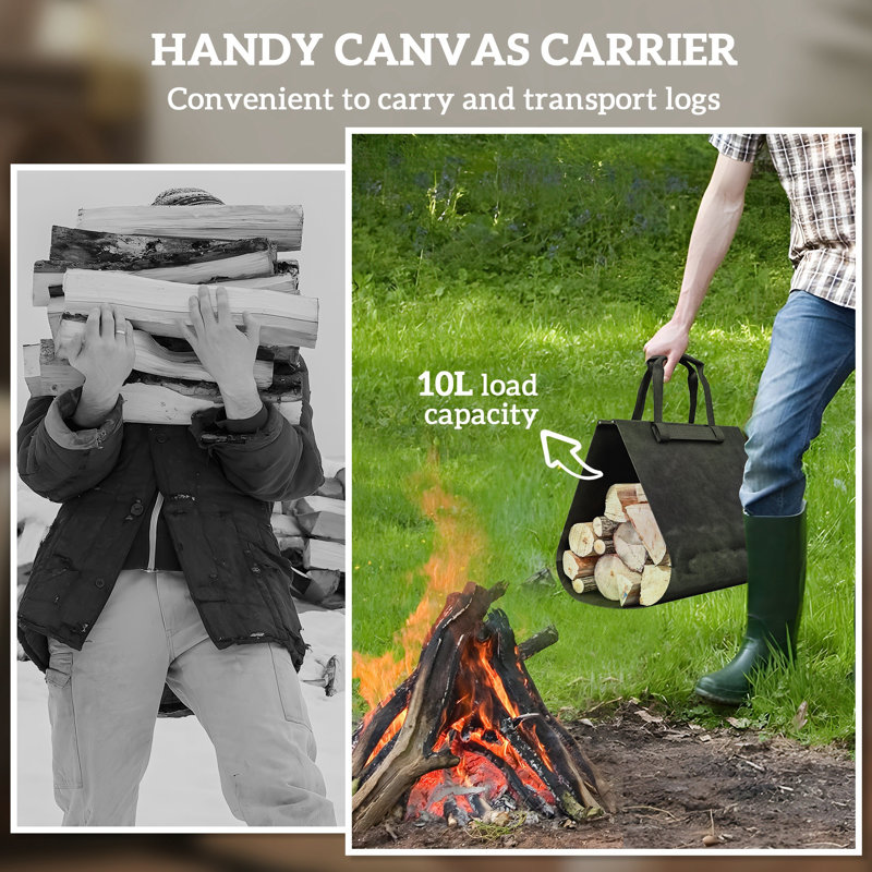 Black Steel Folding Firewood Rack with Canvas Carrier