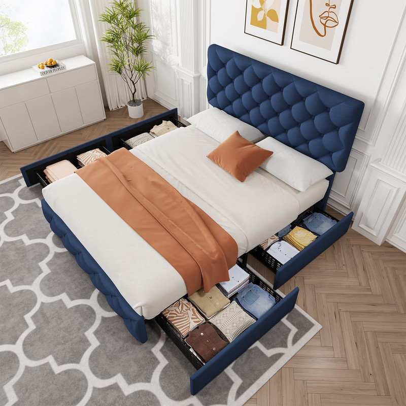 Full Size Platform Bed Frame with Storage Drawers and Adjustable Tufted Headboard, Blue Upholstered