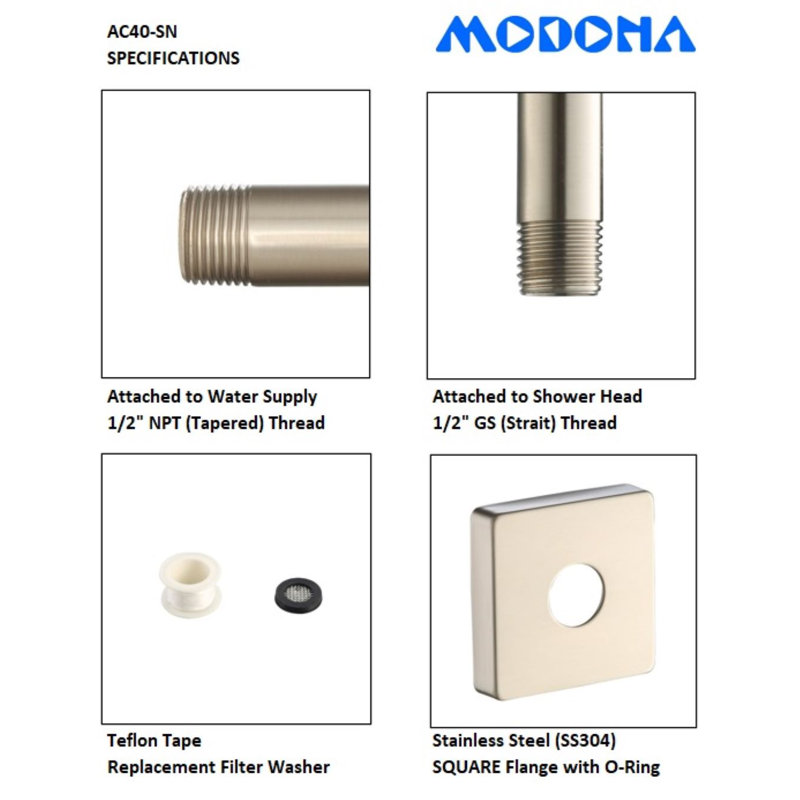 Goosneck Square Shower Arm, Satin Nickel