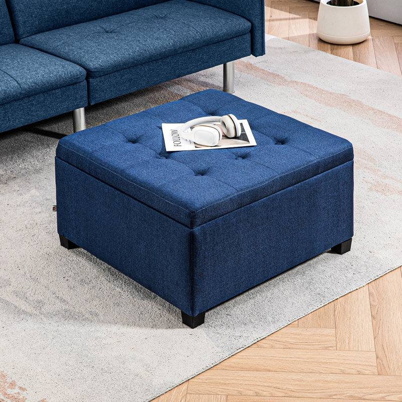 Bleu avec rangement à rabat. Style rétro pour l'intérieur. Tissu doux, espace de rangement abondant, configuration de charnière sécurisée. Des chambres design. Coussin, grand volume, assemblage stable